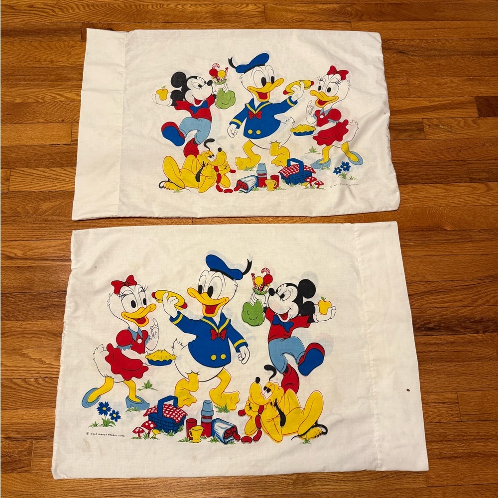 Vintage 70s Disney Pillowcases (Lot of 2), Standard 28x20, Bedding Mickey Mouse